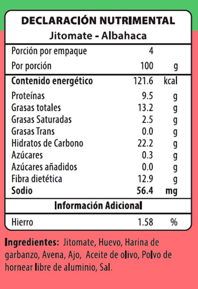 Declaración Nutrimental Jitomate Albahaca